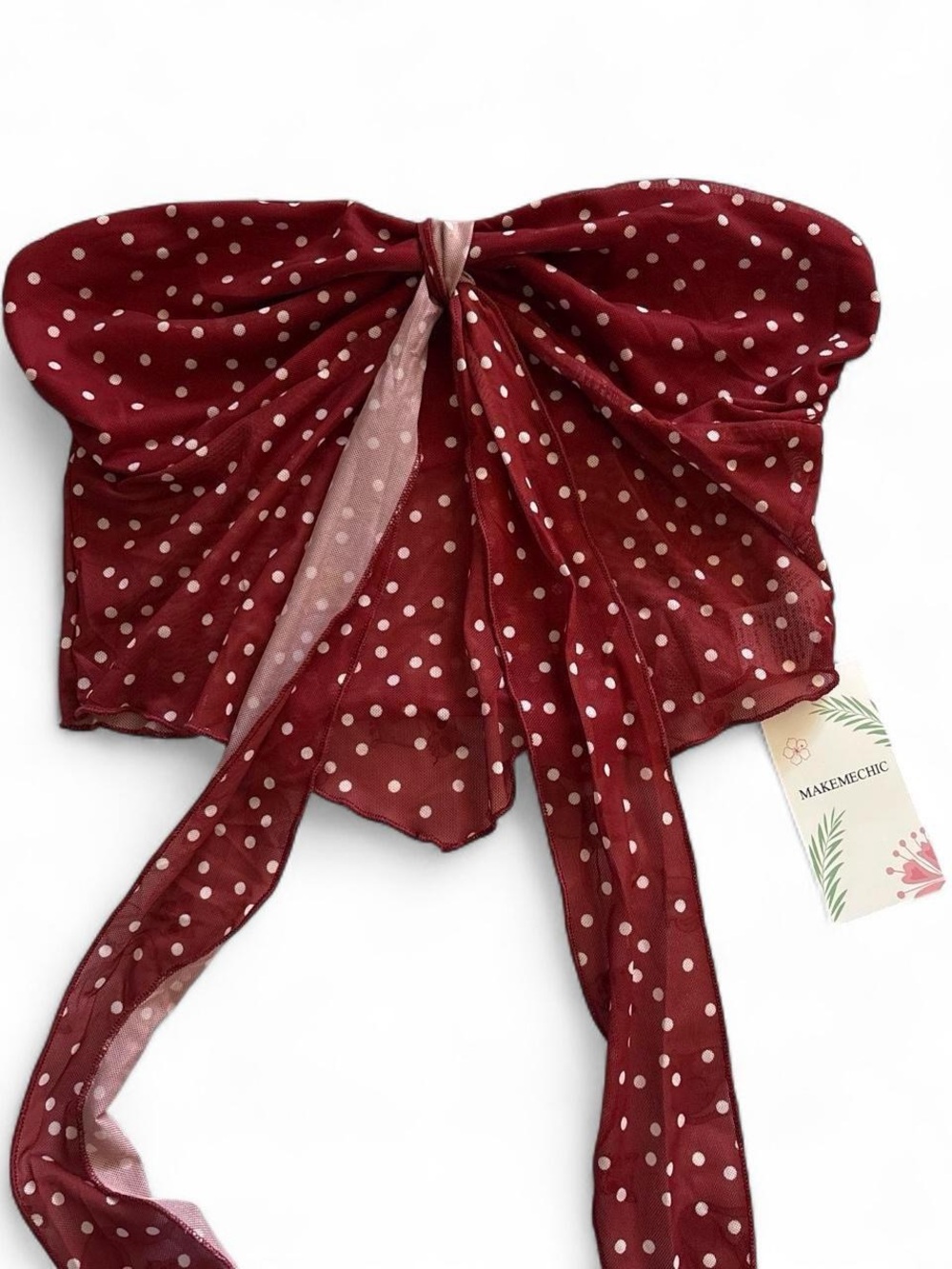 makemechic’ polka dot bow bandeau tube top - burgundy with white dots